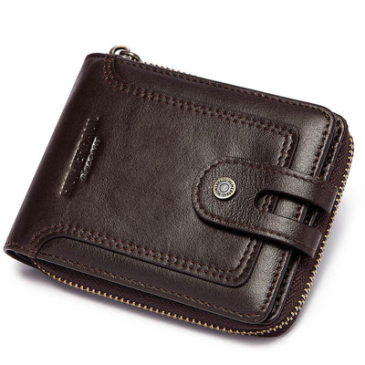 Anti-Theft Brush Men's Leather Wallet Top Layer Cowhide Short Coin Purse Zipper Retro Leather Men Bag - Korvel