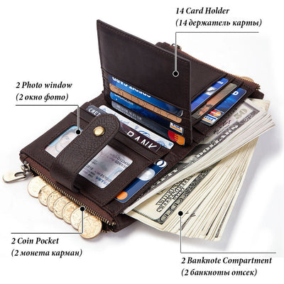 Anti-Theft Brush Wallet Leather Bag Multi-Function Buckle Zipper Retro Crazy Horse Cowhide Men's Bag Casual Coin Purse - Korvel