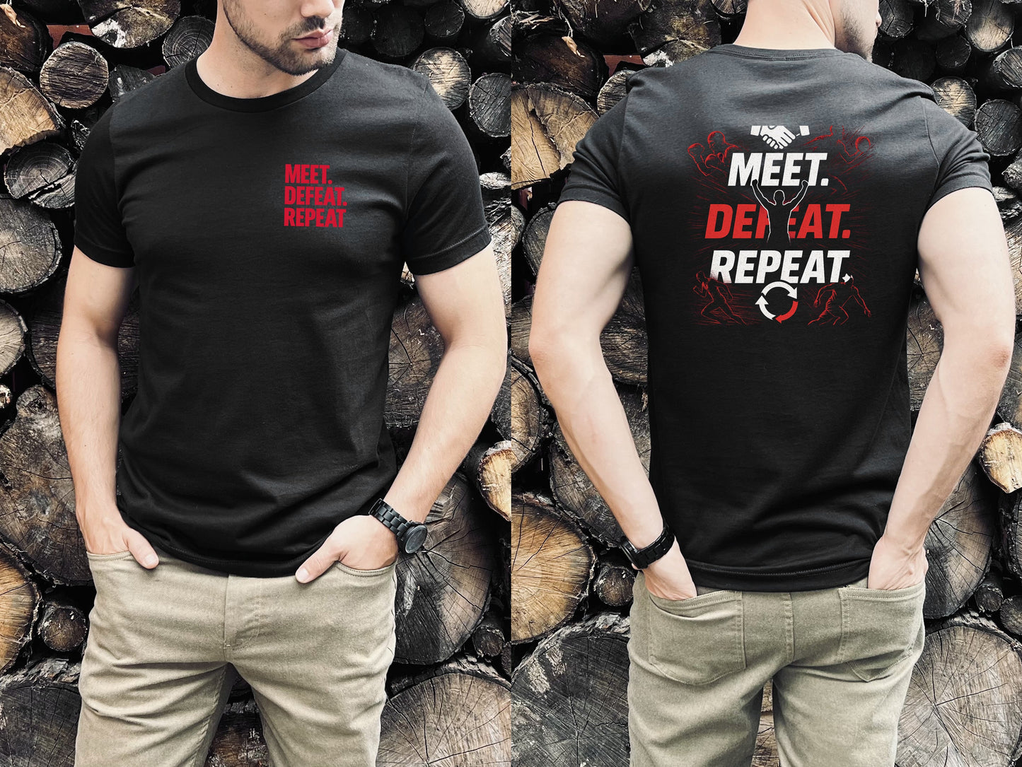 Camiseta de Conoce. Derrota. Repite. Delante y detrás.