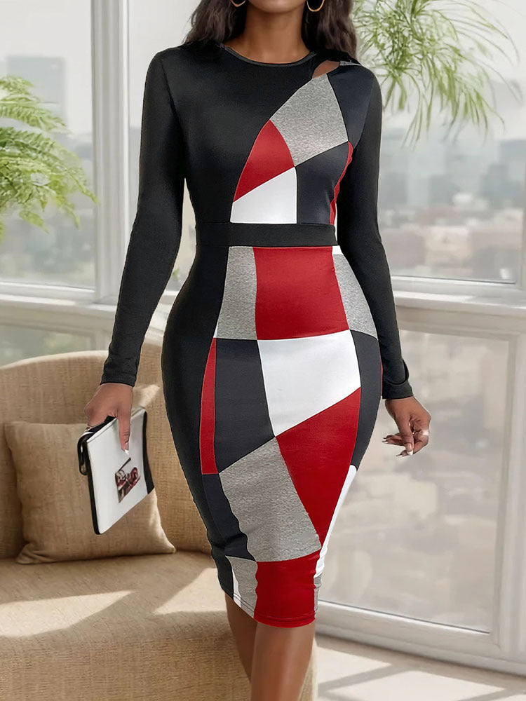 High-Waisted Geometric Long Skirt for Autumn Commuting