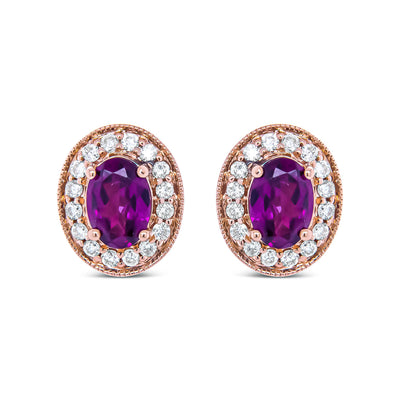 Pendientes de Stud Halo de Granate y Diamante en Oro Rosa de 14K