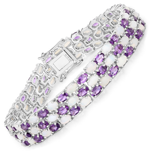 18.68 Carat Genuine Opal and Amethyst Sterling Silver Bracelet