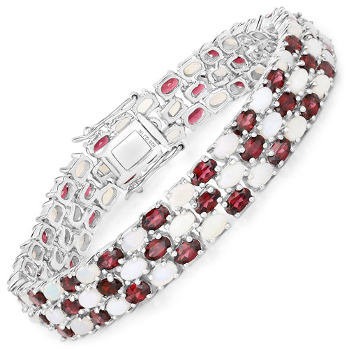 Pulsera de plata esterlina de ópalo genuino y rodolita de 24.08 quilates