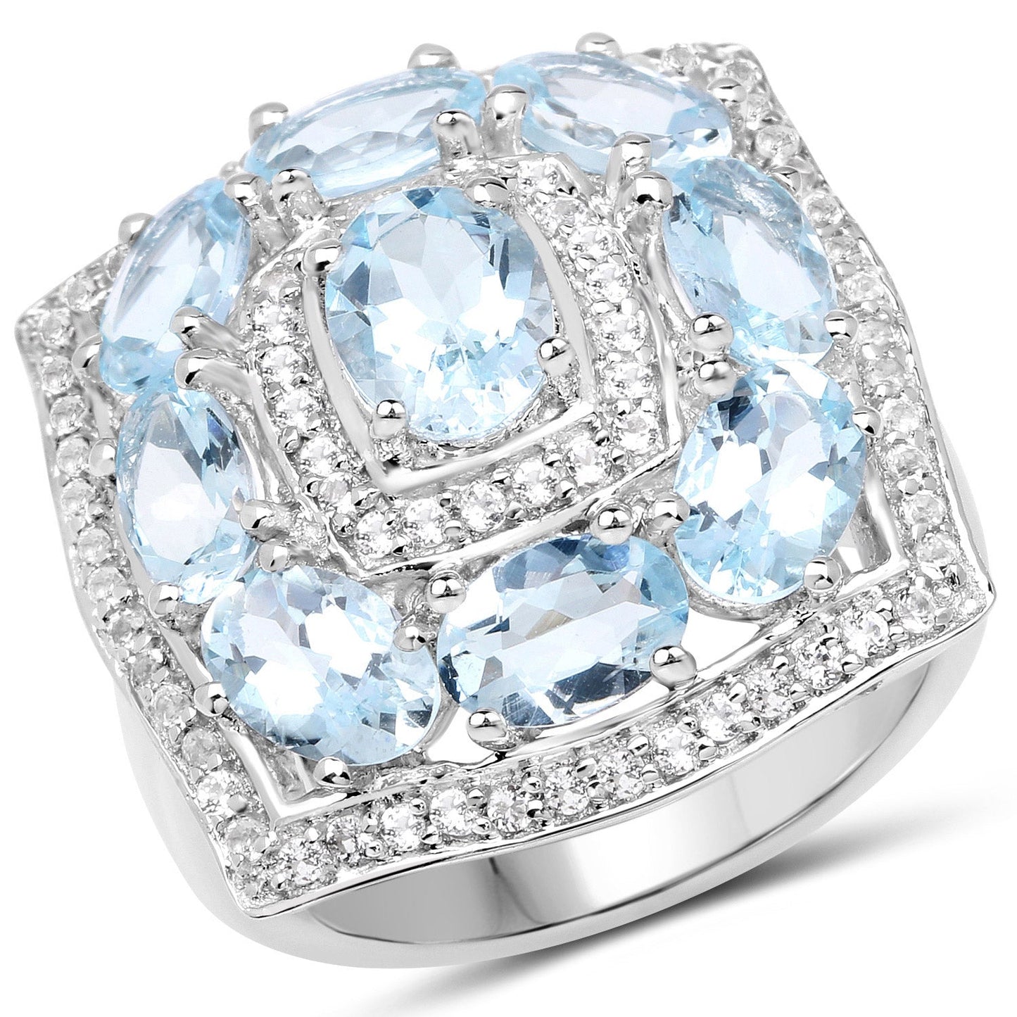 Anillo de Plata Esterlina con Aguamarina de 4.07 Quilates y Topacio Blanco