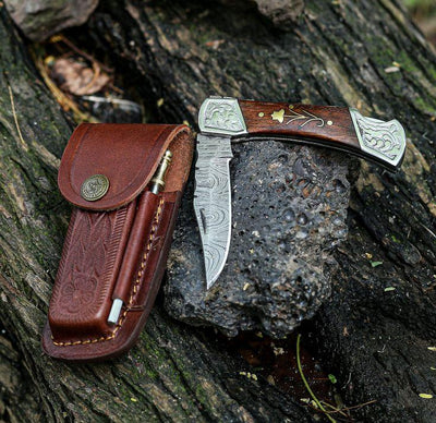 Exquisite Custom Damascus Folding Knife – 3" Blade with Elegant Leather Sheath - Korvel