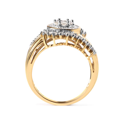 Bague en Or Jaune 10K avec Diamants en Cluster et Design Tourbillon - Taille 7