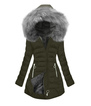 Abrigo acolchado de algodón grueso para mujer elegante con cuello de piel