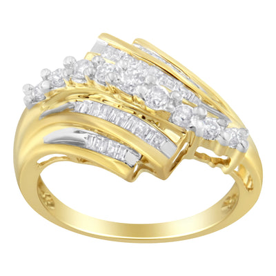 10K Yellow Gold Round and Baguette Diamond-Cut Engagement Ring - Size 7