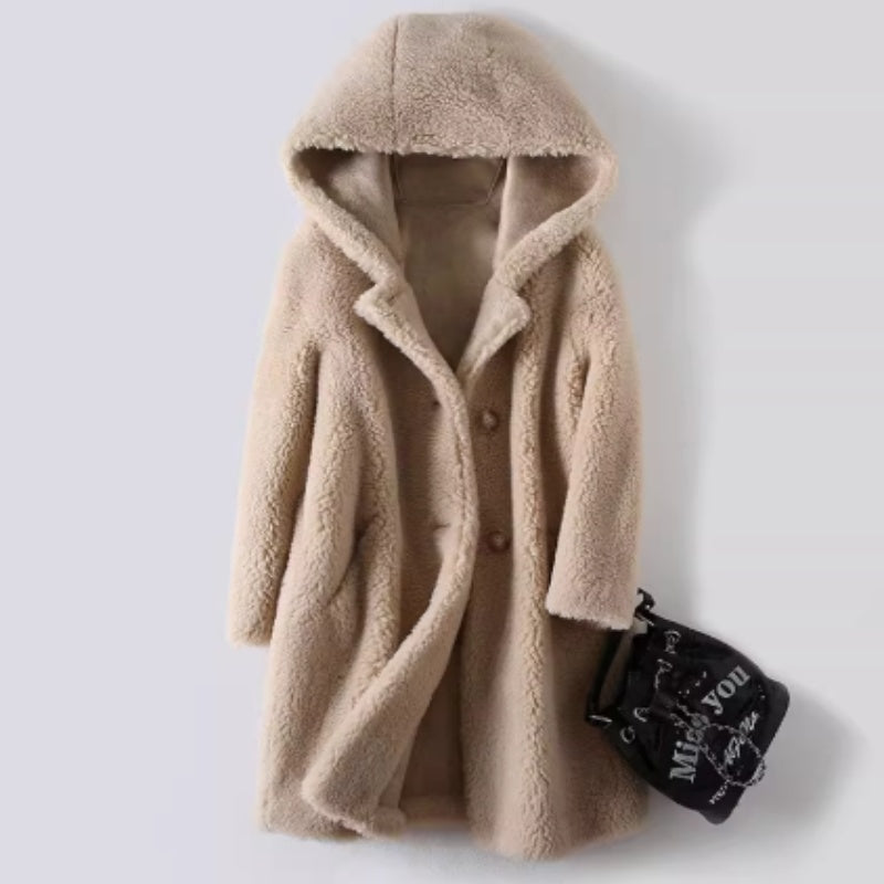 Women's Mid-Length Hooded Coat in Composite Leather and Fur