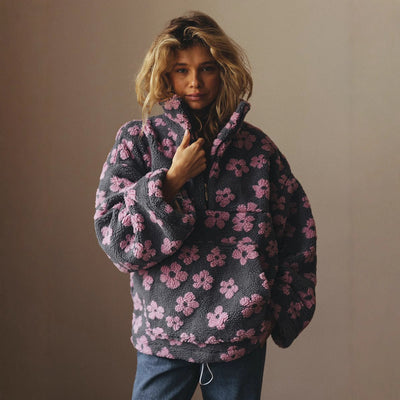 Winter Flowers Lambskin Sweatshirt with Big Pocket