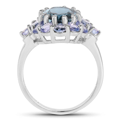 Bague en argent sterling avec topaze bleue de Londres et tanzanite de 5,41 carats
