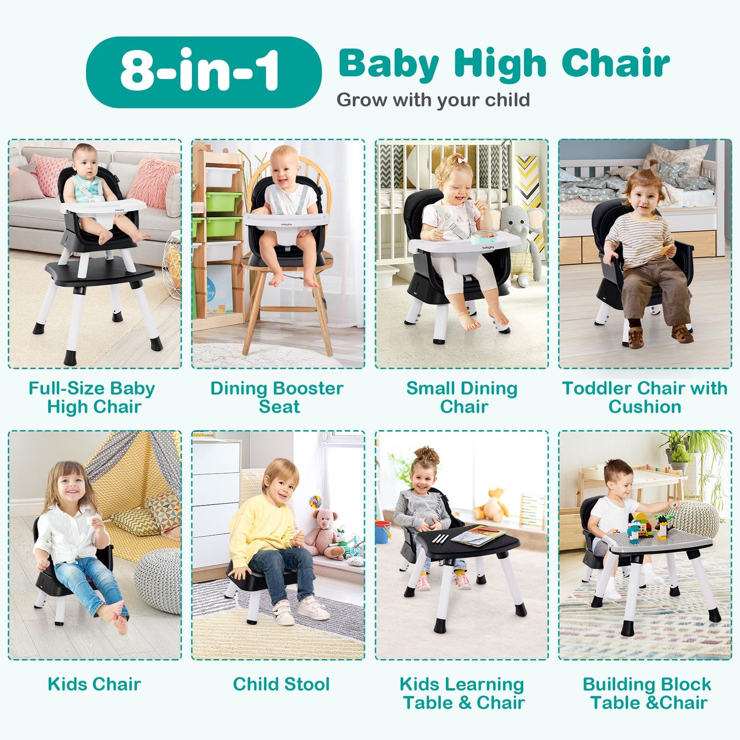 Chaise haute convertible 6-en-1 pour bébé - Noir