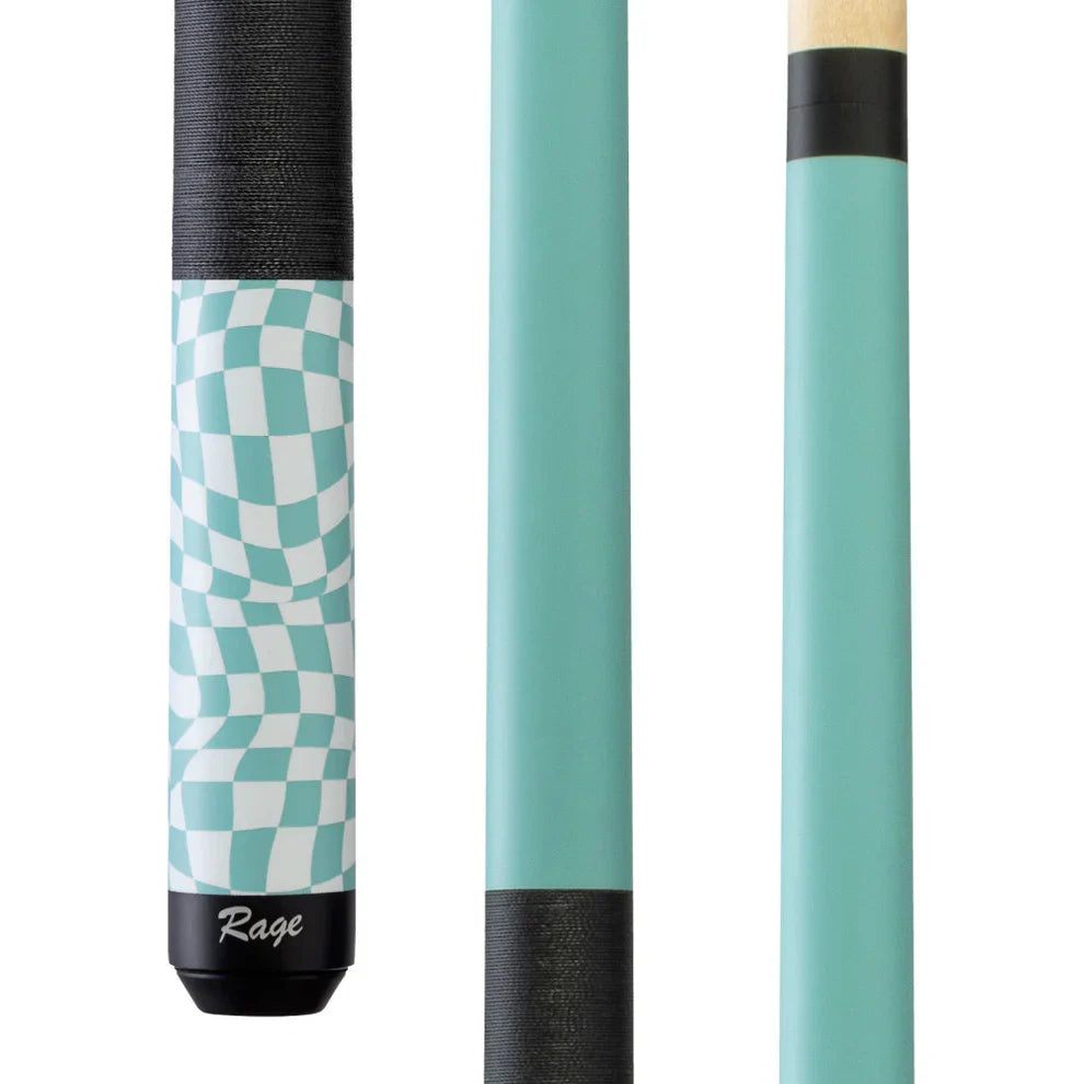 Rage Sky Blue Checkered Cue Stick with Premium Black Linen Grip - Korvel