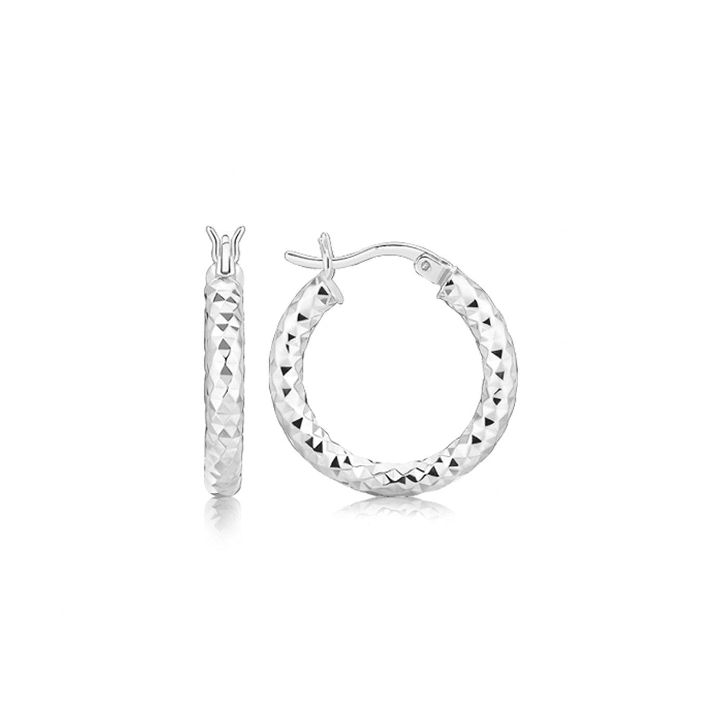 Sterling Silver Rhodium Plated Faceted Hoop Earrings