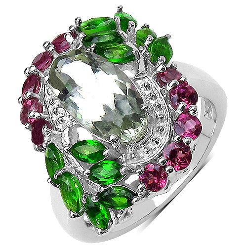 Anillo de Plata Esterlina con Amatista Verde y Diopsido Cromado de 3.64 Quilates