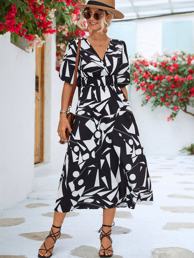 Chic Black and White Balloon Sleeve Dress for Effortless Summer Elegance - Korvel