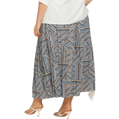 Blue Geometric Pleated Skirt in Deep Teal
