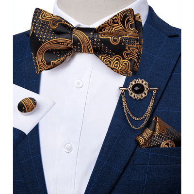 Elegant Gold and Black Pattern Silk Bowtie Set for Men