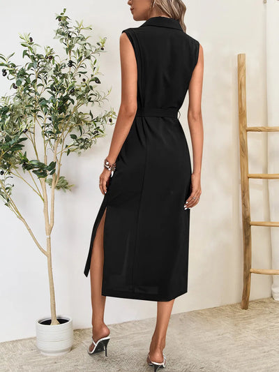 Elegant Button Up Sleeveless Midi Dress