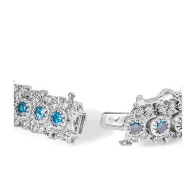14K White Gold Blue and White Diamond Floral Cluster Bracelet
