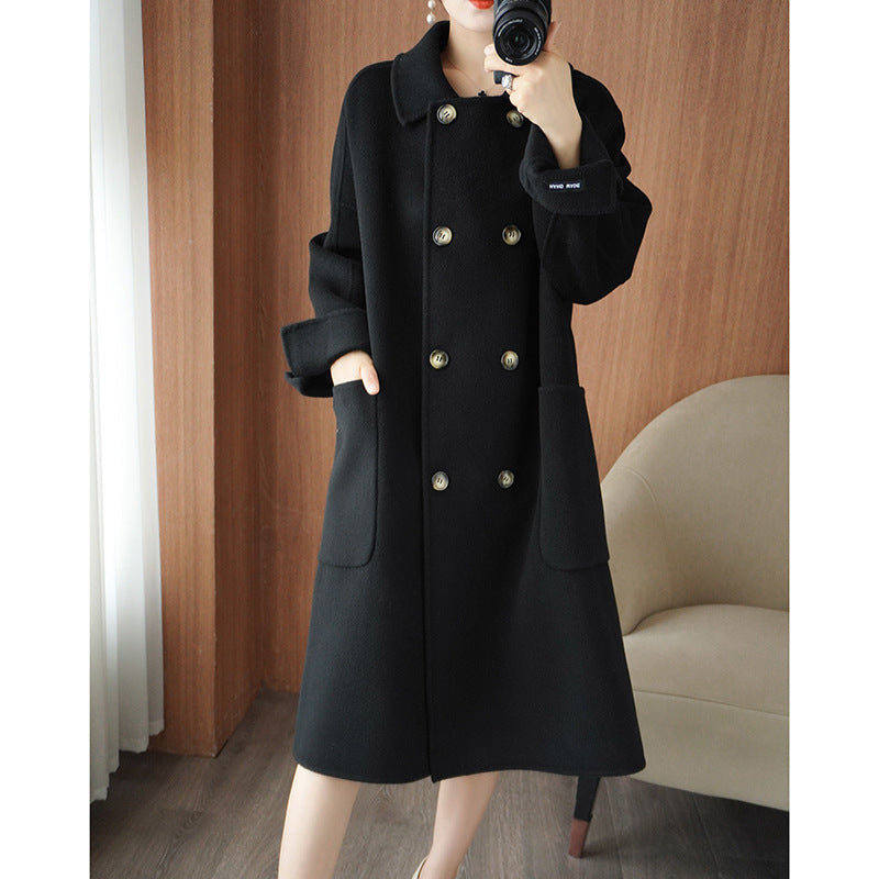 Long Below-the-Knee Double-Breasted Wool Coat in Korean Style