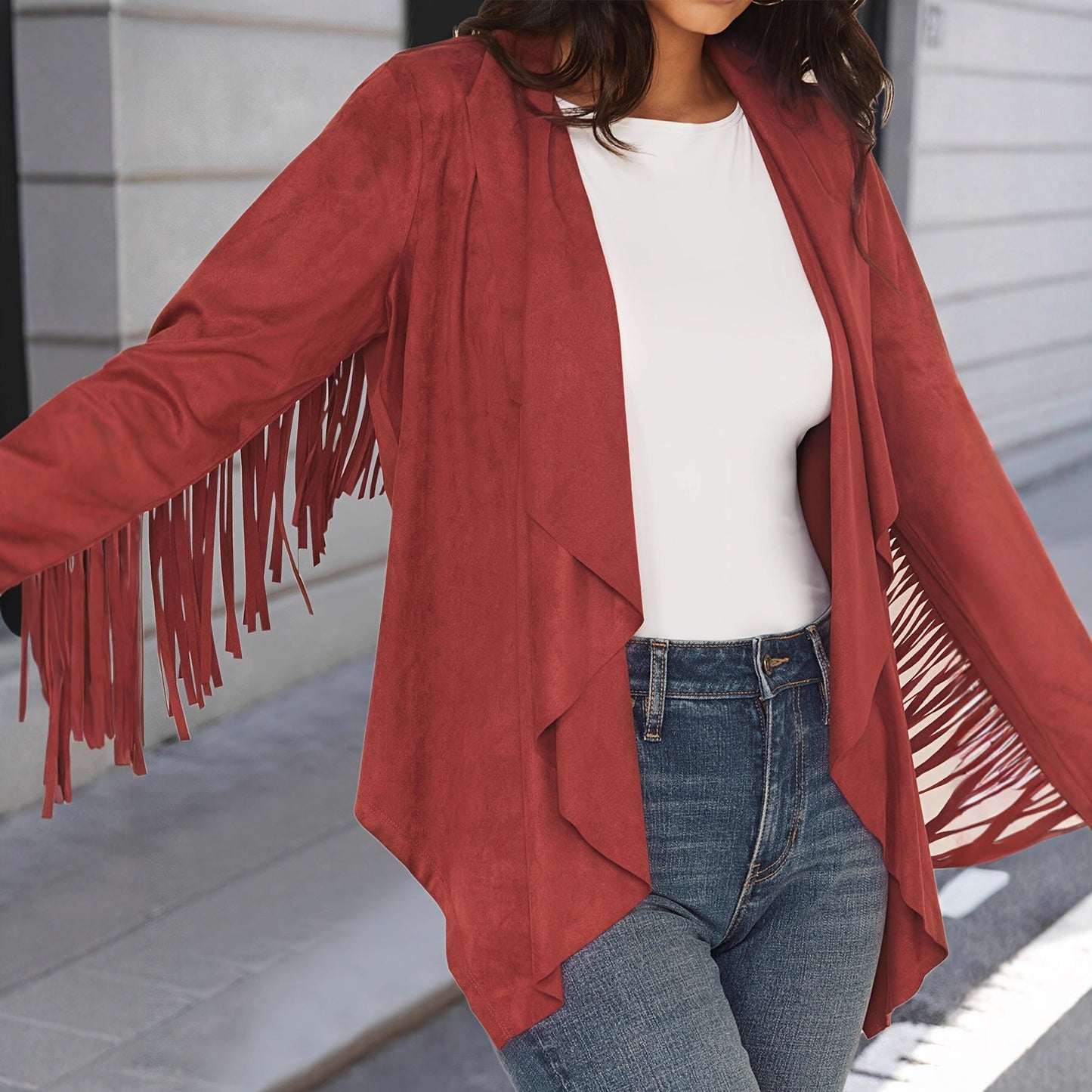 Chaqueta de Cardigan de V-Cuello con Flecos de Manga Larga Elegante para Mujeres