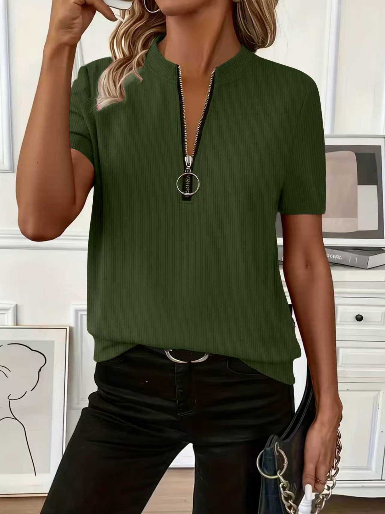 T-shirt uni à côtes avec manches zippées