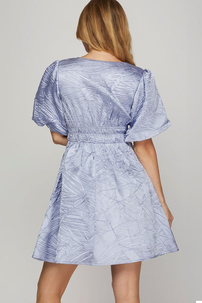 Chic Crinkle Woven V-Neck Balloon Sleeve Mini Dress