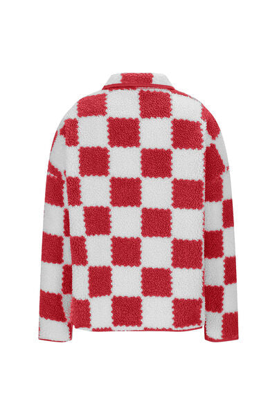 Chaqueta de Teddy de Manga Larga con Botones y Diseño a Cuadros Elegante