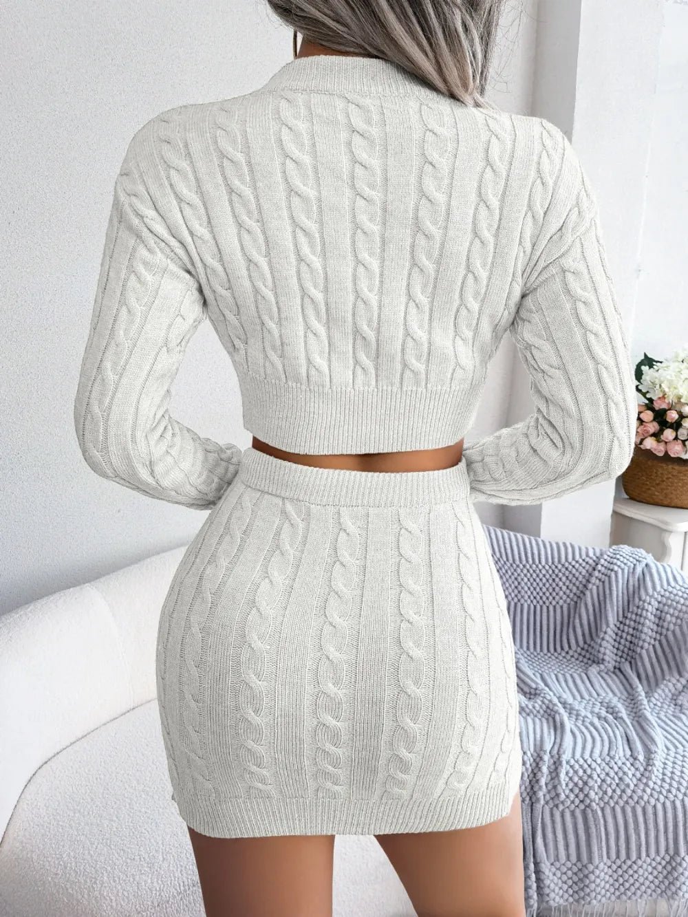 Cable-Knit Round Neck Top and Skirt Sweater Set - Korvel
