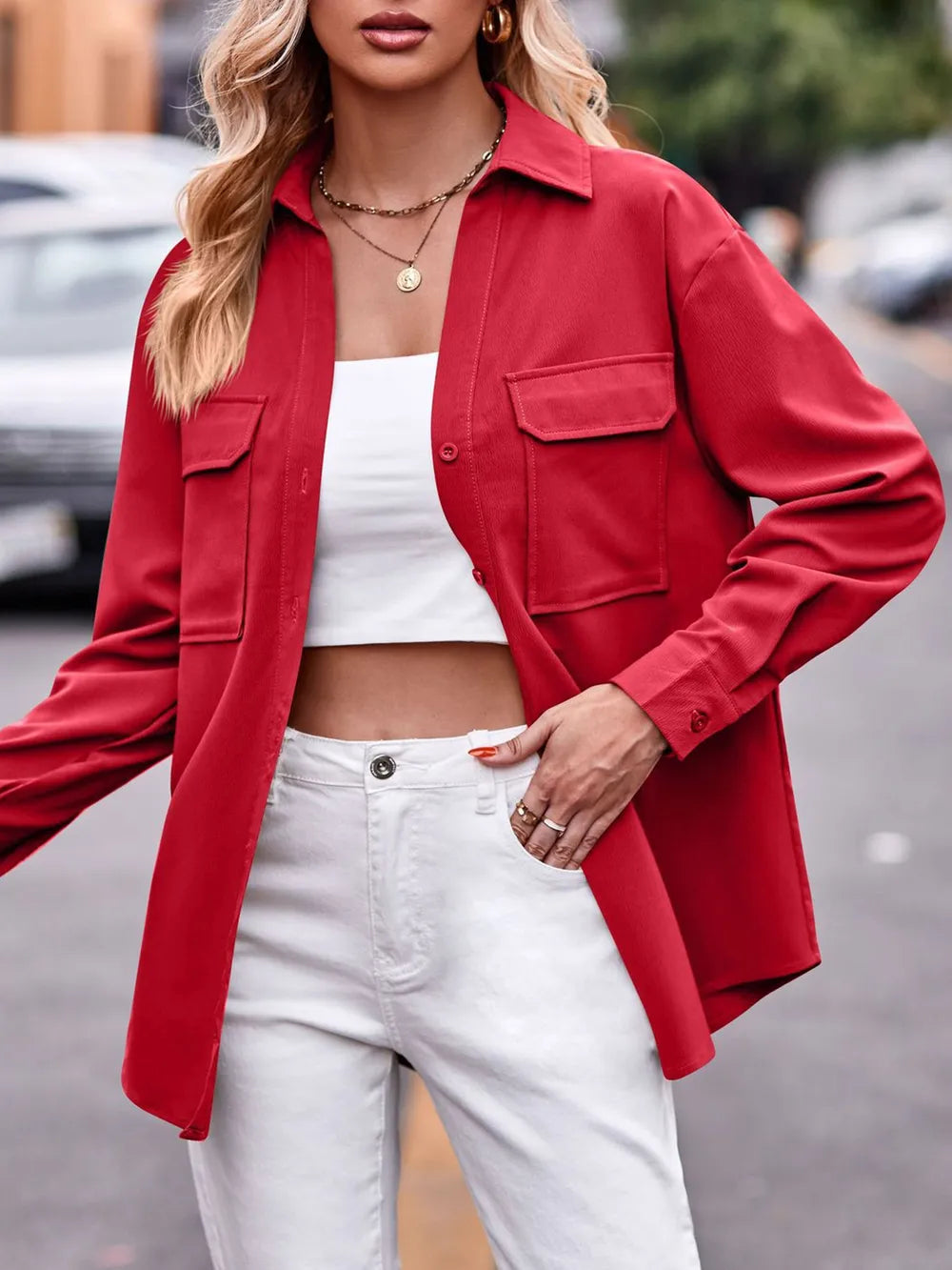 Camisa Casual de Manga Larga Sólida con Doble Bolsillo