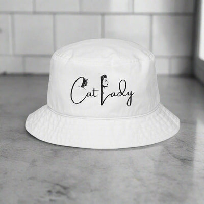 Cat Lady Bucket Hat - Embroidered White Sun Hat for Cat Lovers