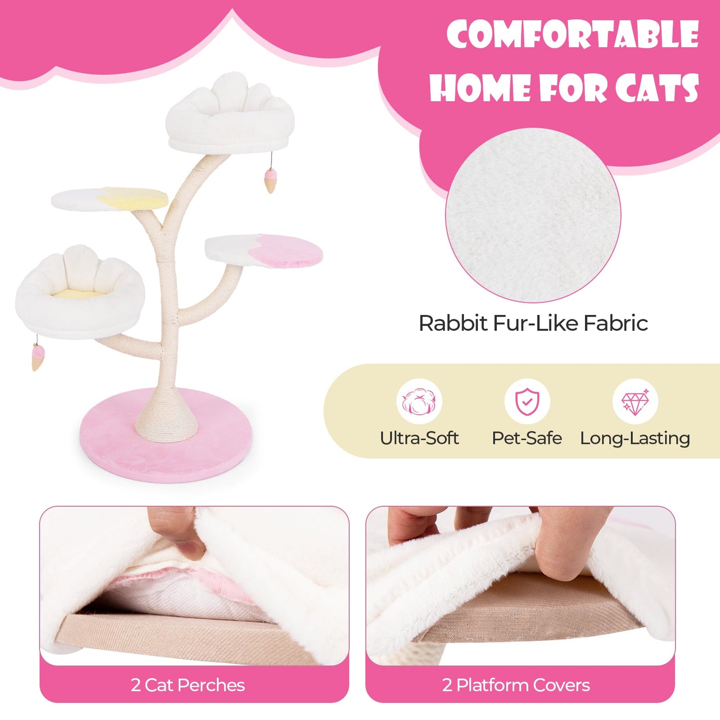 Árbol para Gatos de Múltiples Capas con 2 Perchas y Plataformas - Rosa