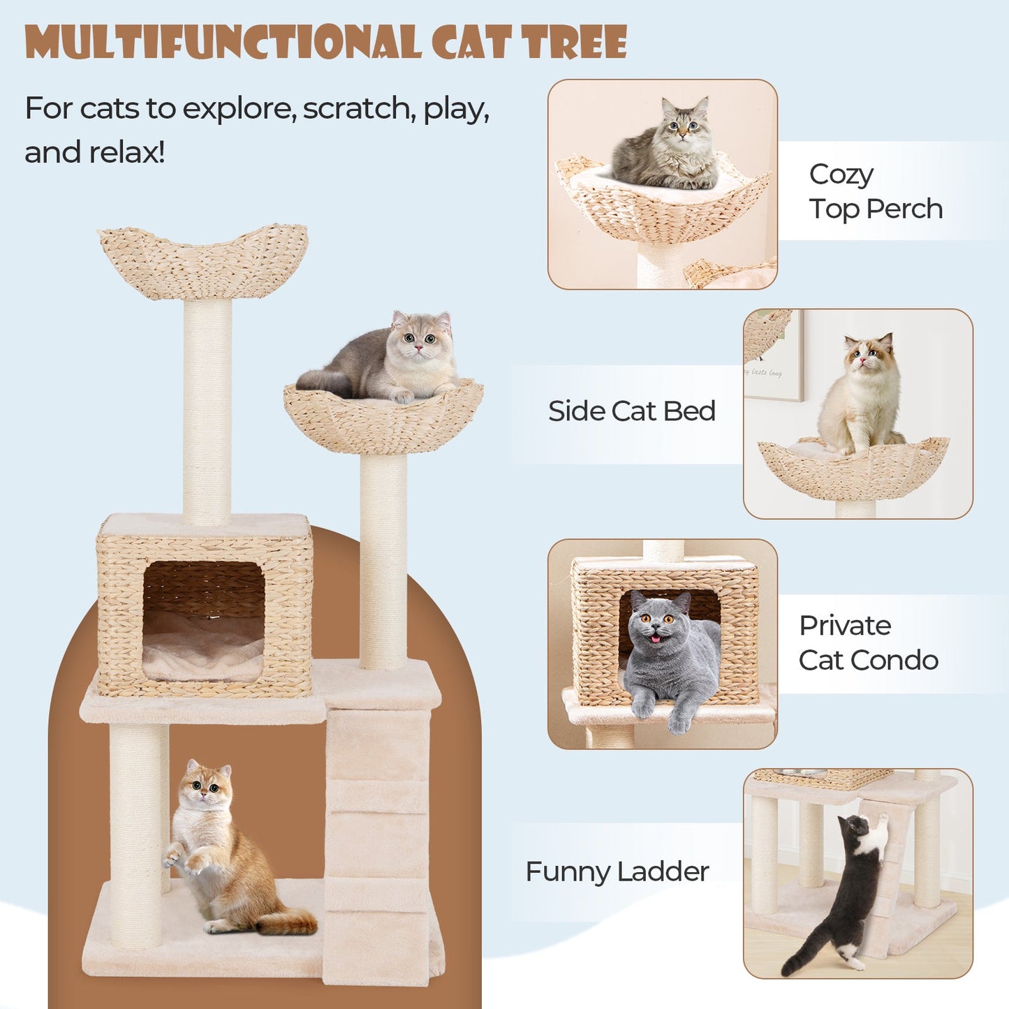 Tour de chat en cattail de 48 pouces avec poteaux à gratter et condo - Beige
