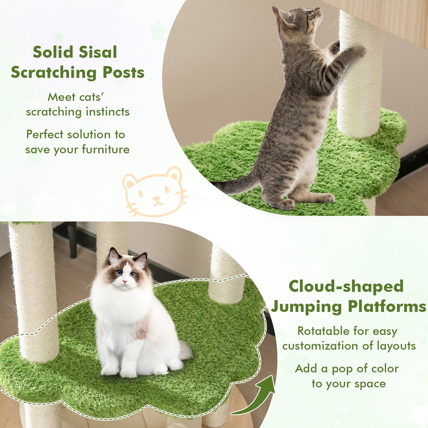 Torre de Escalada para Gatos de 55 Pulgadas con Cama Suave y Postes para Rascar - Verde