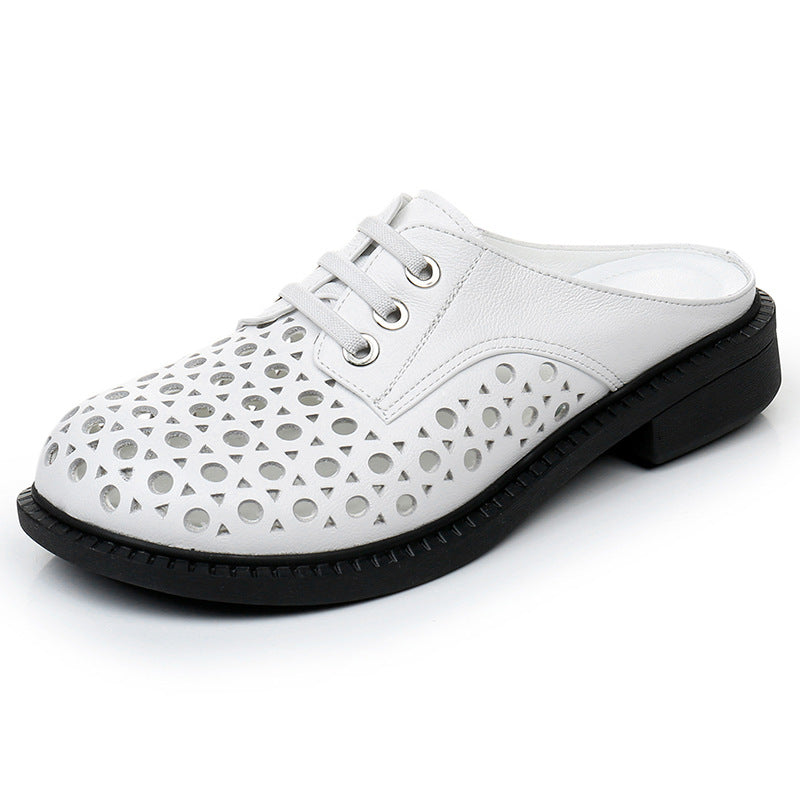 Cave shoes real leather flat heel thick sole hollowed out sandals women's slippers round toe - Korvel