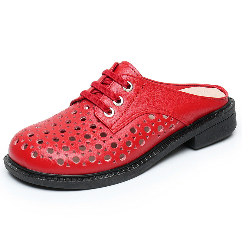 Cave shoes real leather flat heel thick sole hollowed out sandals women's slippers round toe - Korvel