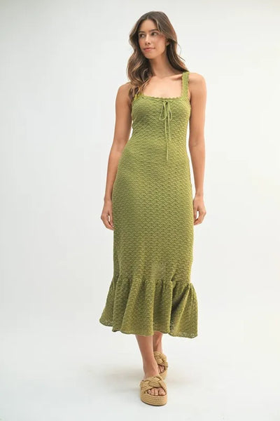 Elegant Ruffled Hem Sleeveless Crochet Knit Midi Dress