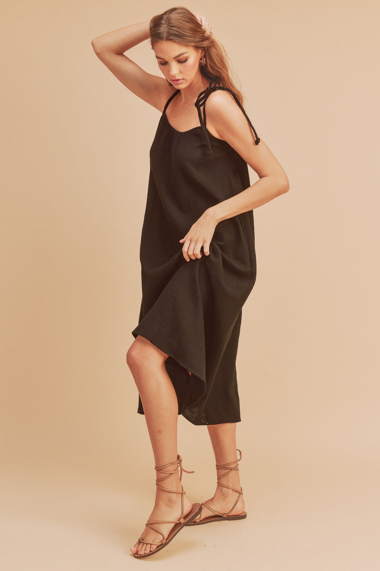Summer Midi Cami Dress with Braided Tie Shoulders & Pockets