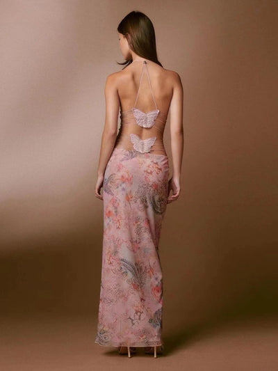 Robe à Bretelles Imprimée Fleurie avec Dos Papillon