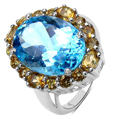 12.73 Carat Blue Topaz & Citrine Sterling Silver Engagement Ring
