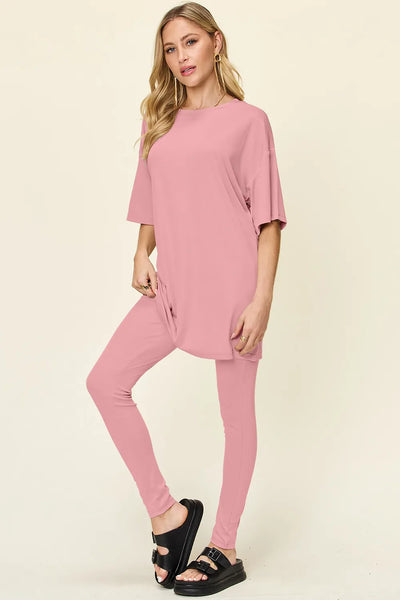 Double Take Full Size Round Neck T-Shirt and Leggings Set