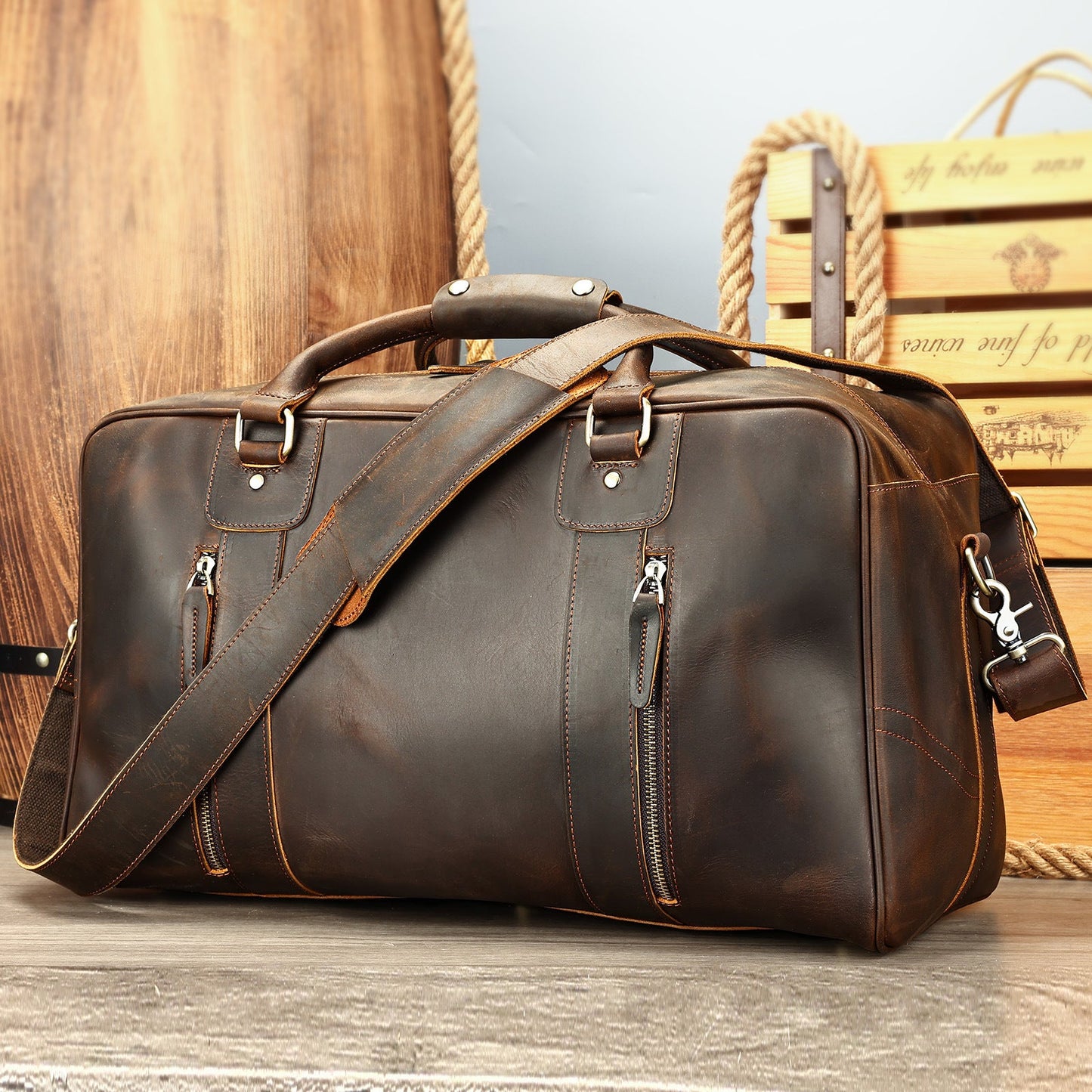 Premium Genuine Leather Retro Travel Duffel Bag for Men