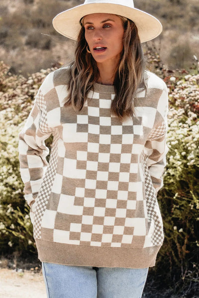 Checkered Round Neck Long Sleeve Sweater - Korvel