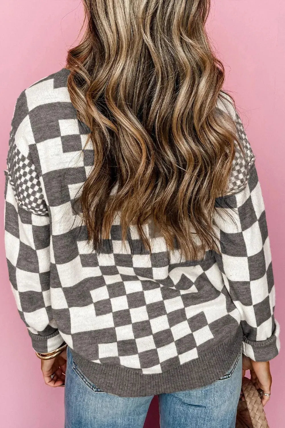 Checkered Round Neck Long Sleeve Sweater - Korvel
