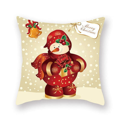 Christmas Red Pillow Case with Santa and Snowman Design