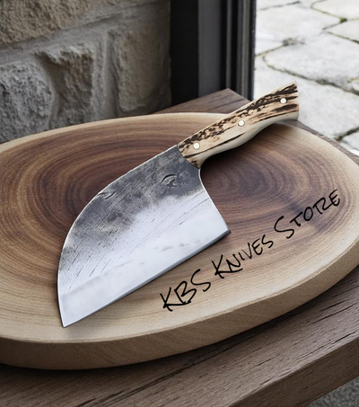 Handcrafted 12" Cleaver Knife – 1095 Steel Blade with Antler Handle - Korvel