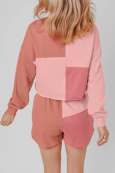 Color Block Round Neck Top and Shorts Set - Korvel