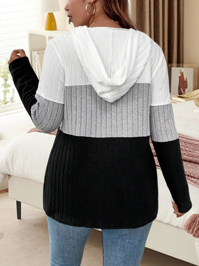 Color blocked hooded long sleeved knitted sweater plus size hoodie - Korvel