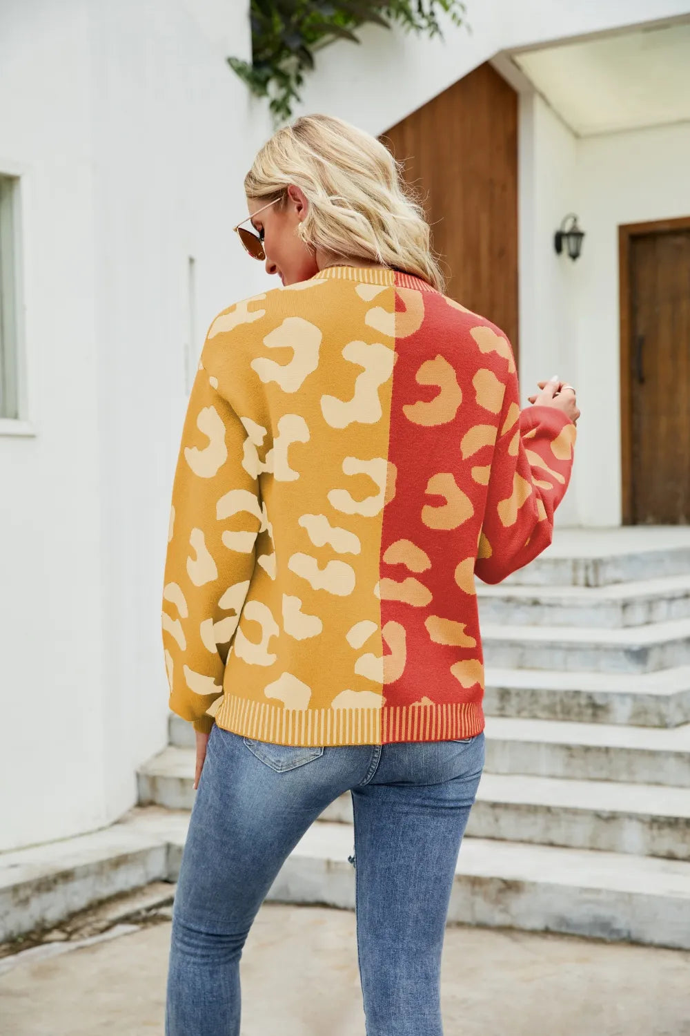 Cardigan en V à Imprimé Léopard en Blocs de Couleurs